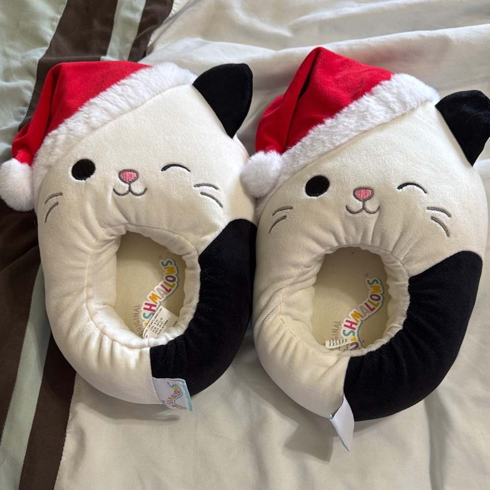 Squishmallows Cat Slippers with Santa Hat - Black, White, Red